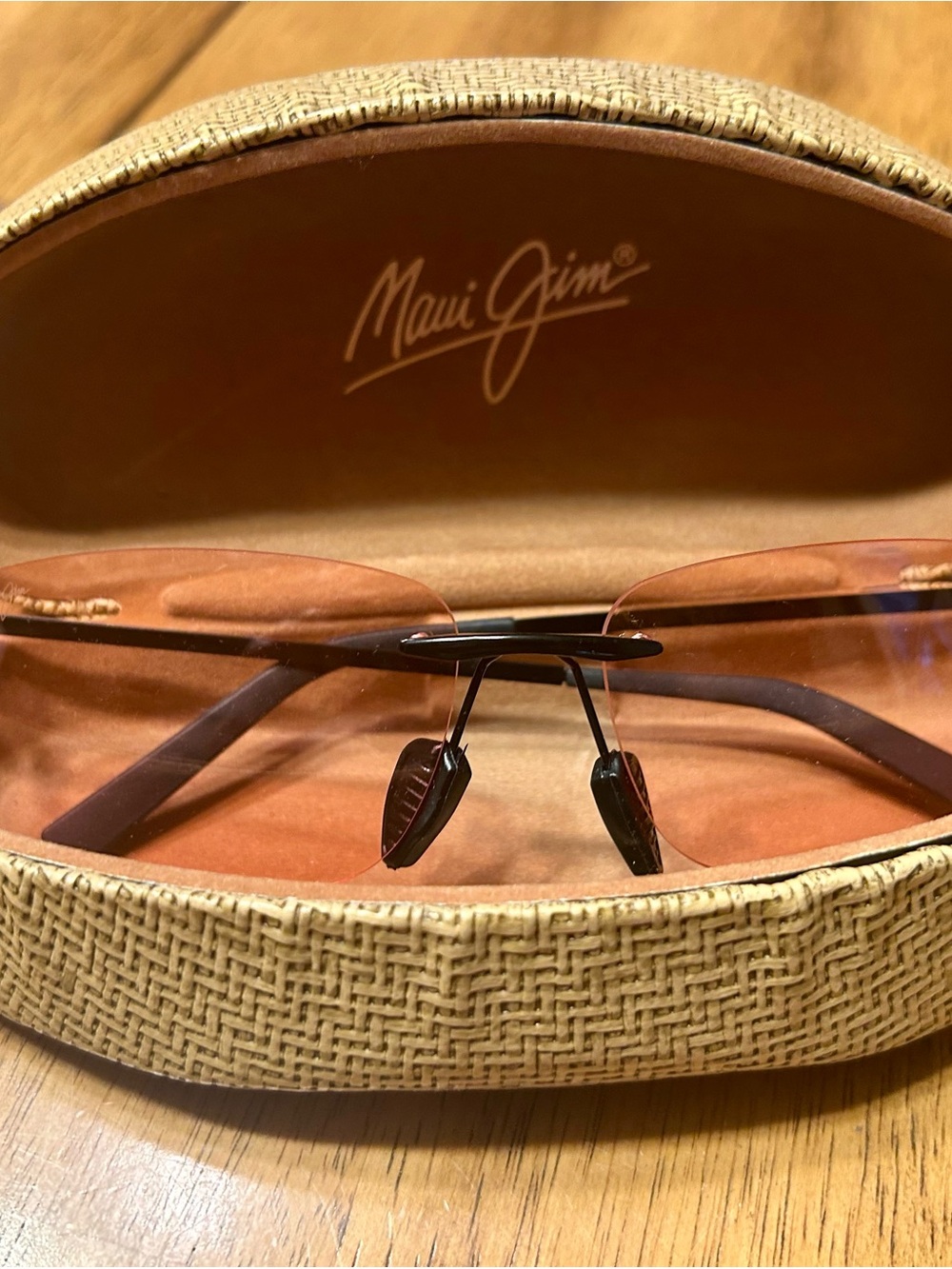 Maui Jim Rimless Sunglasses with Pink/Amber Lenses and Hard Clamshell Case